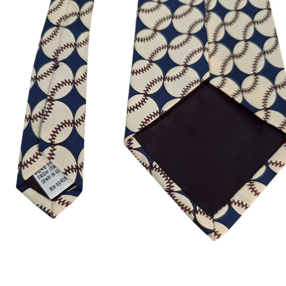 Smithsonian Institution Baseball Pattern Silk Tie Made in‎ USA Blue Cream Sports